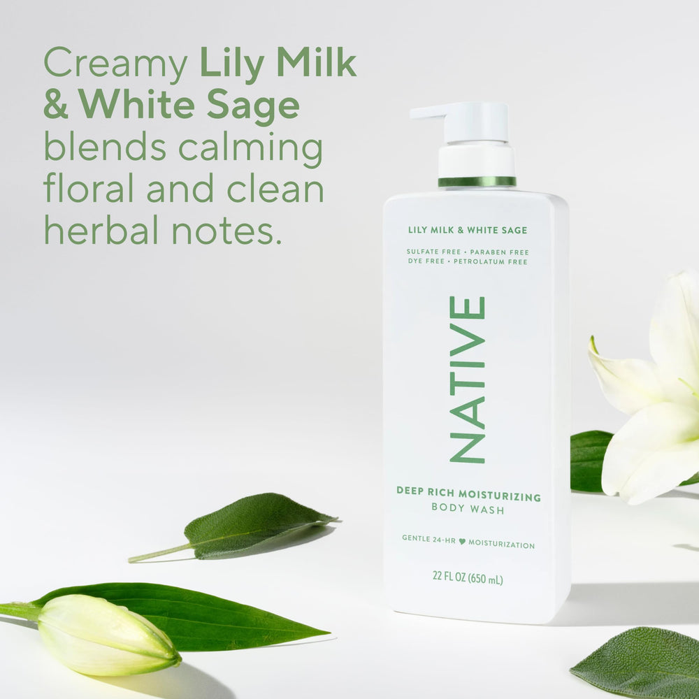 Fórmula con derivados naturales en Native Lily Milk & White Sage, cuidado diario.