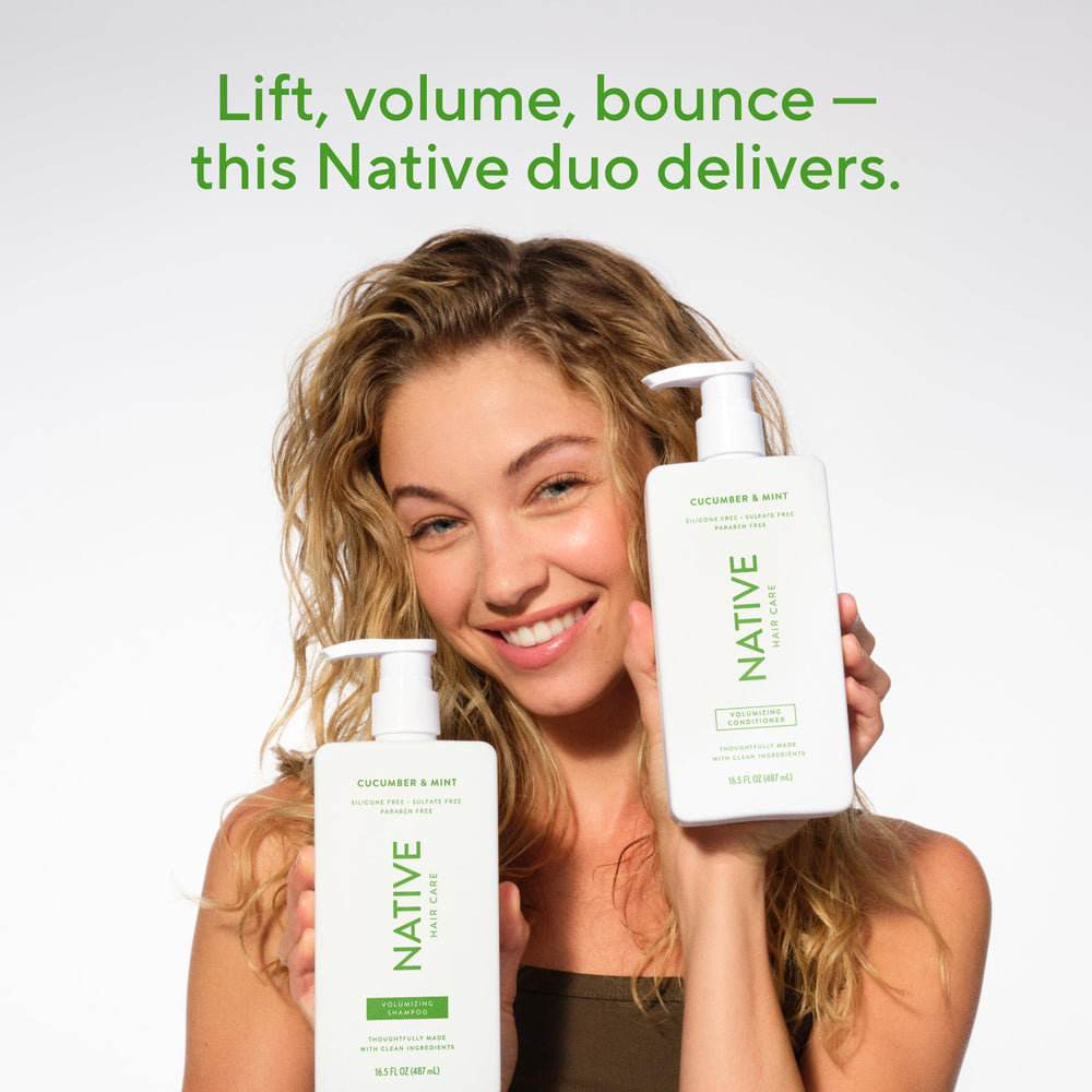 Native ingredients icons showcase coconut-derived cleansers and balanced pH.