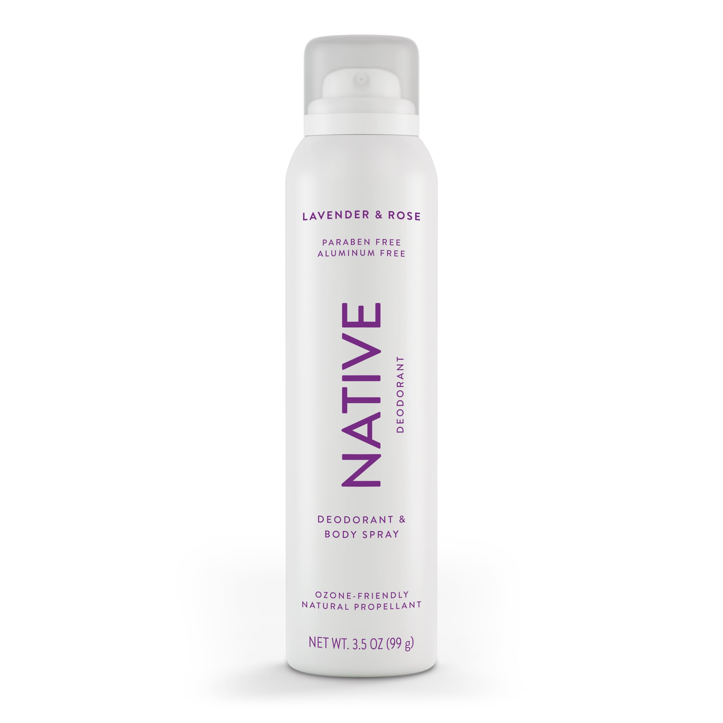 Native Lavanda y Rosa, desodorante en spray para cuerpo, aroma suave y protección diaria.