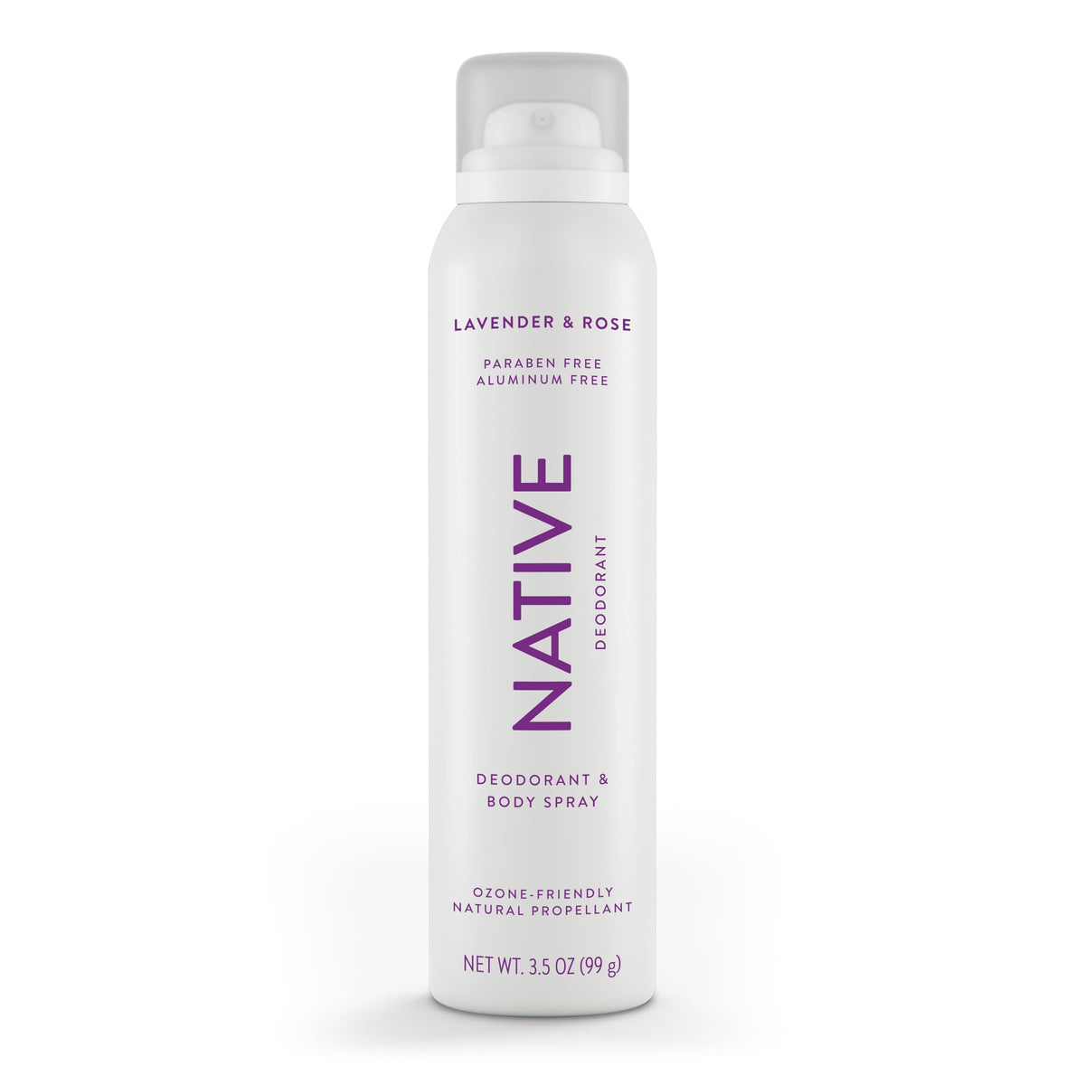 Native Lavanda y Rosa, desodorante en spray para cuerpo, aroma suave y protección diaria.