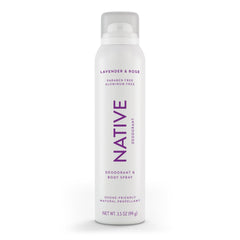 Native Lavanda y Rosa, desodorante en spray para cuerpo, aroma suave y protección diaria.