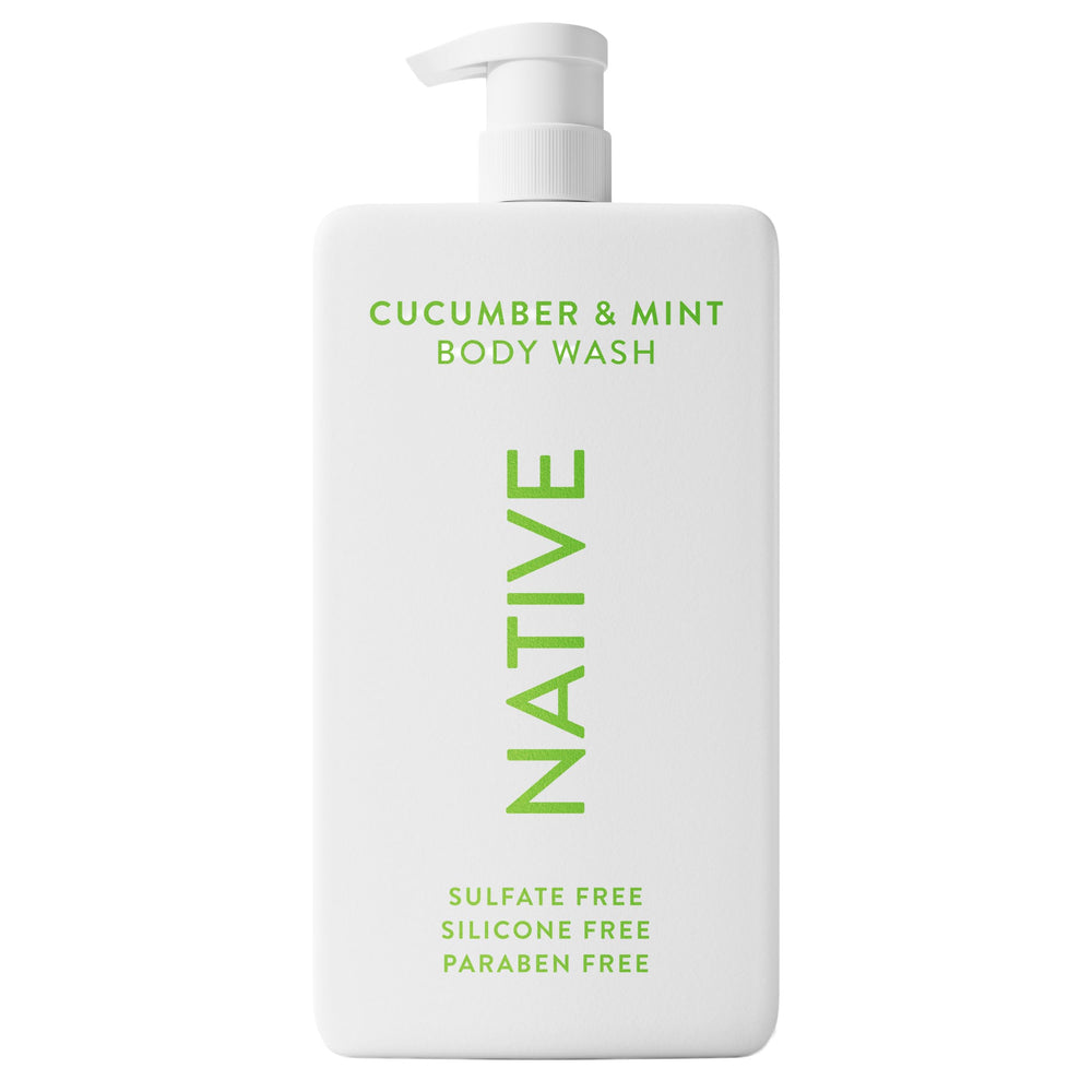 Native limpiador corporal: botella pepino-menta, experiencia refrescante en la ducha.