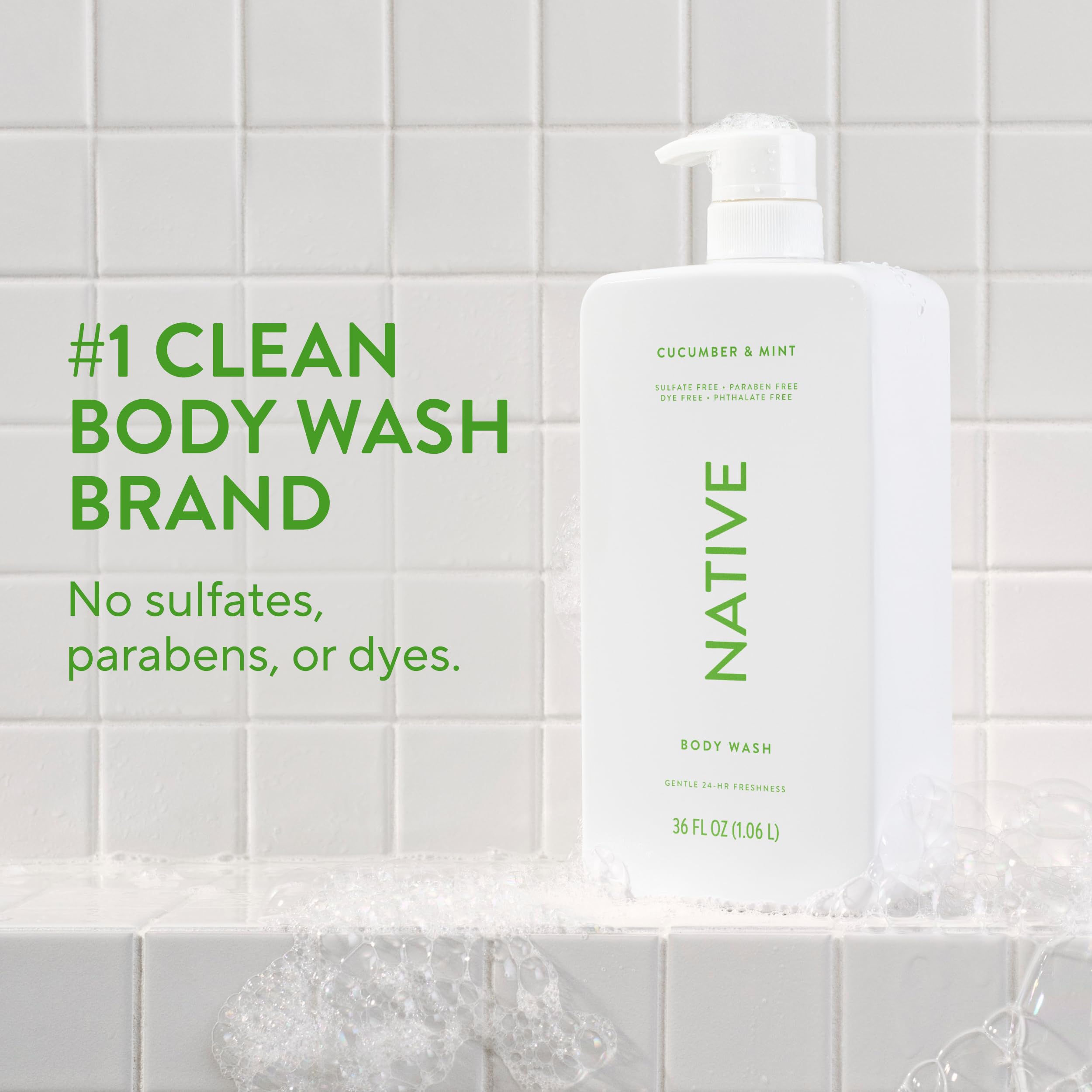 Native limpiador corporal: etiqueta de ingredientes naturales, piel suave tras cada lavado.