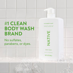 Native limpiador corporal: etiqueta de ingredientes naturales, piel suave tras cada lavado.