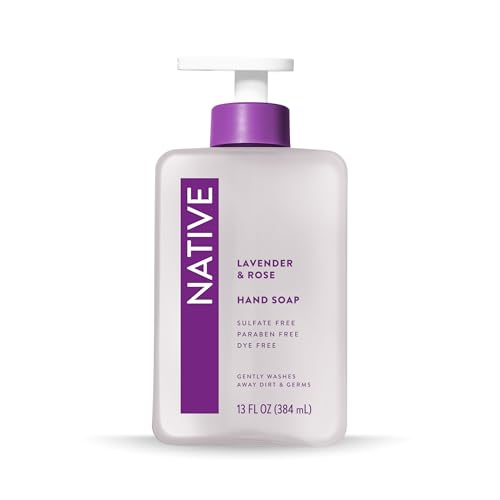 Native Lavender & Rose hand soap on bathroom shelf for daily routine.