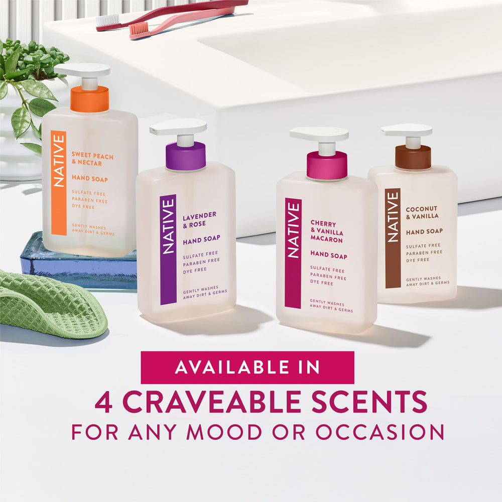 Cherry Vanilla Macaron scent is conveyed by packaging on Native hand soap
