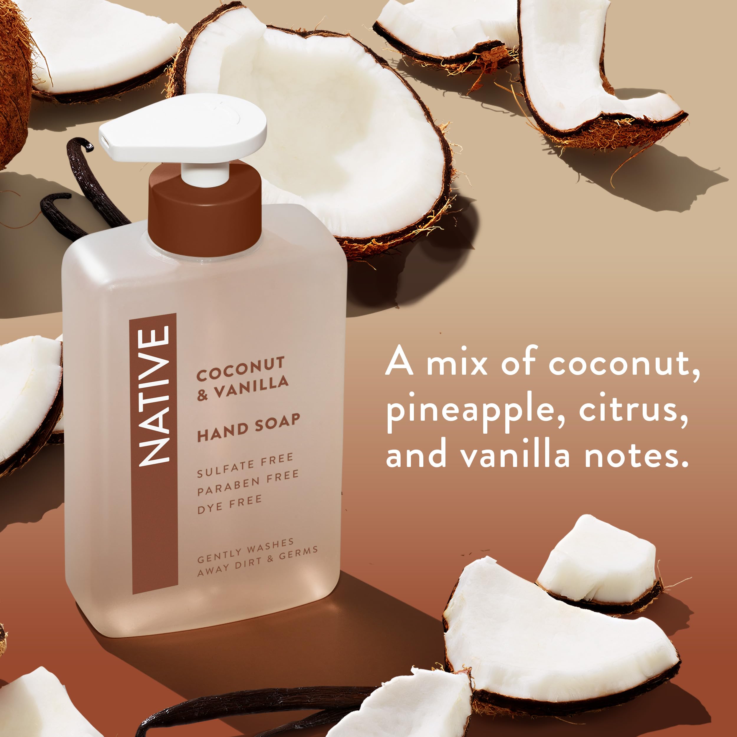 Dyes-free formula highlighted on Native hand soap labeling
