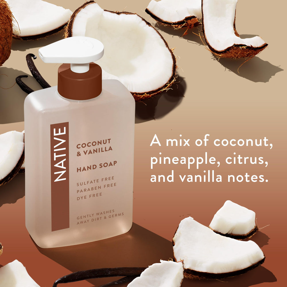 Dyes-free formula highlighted on Native hand soap labeling