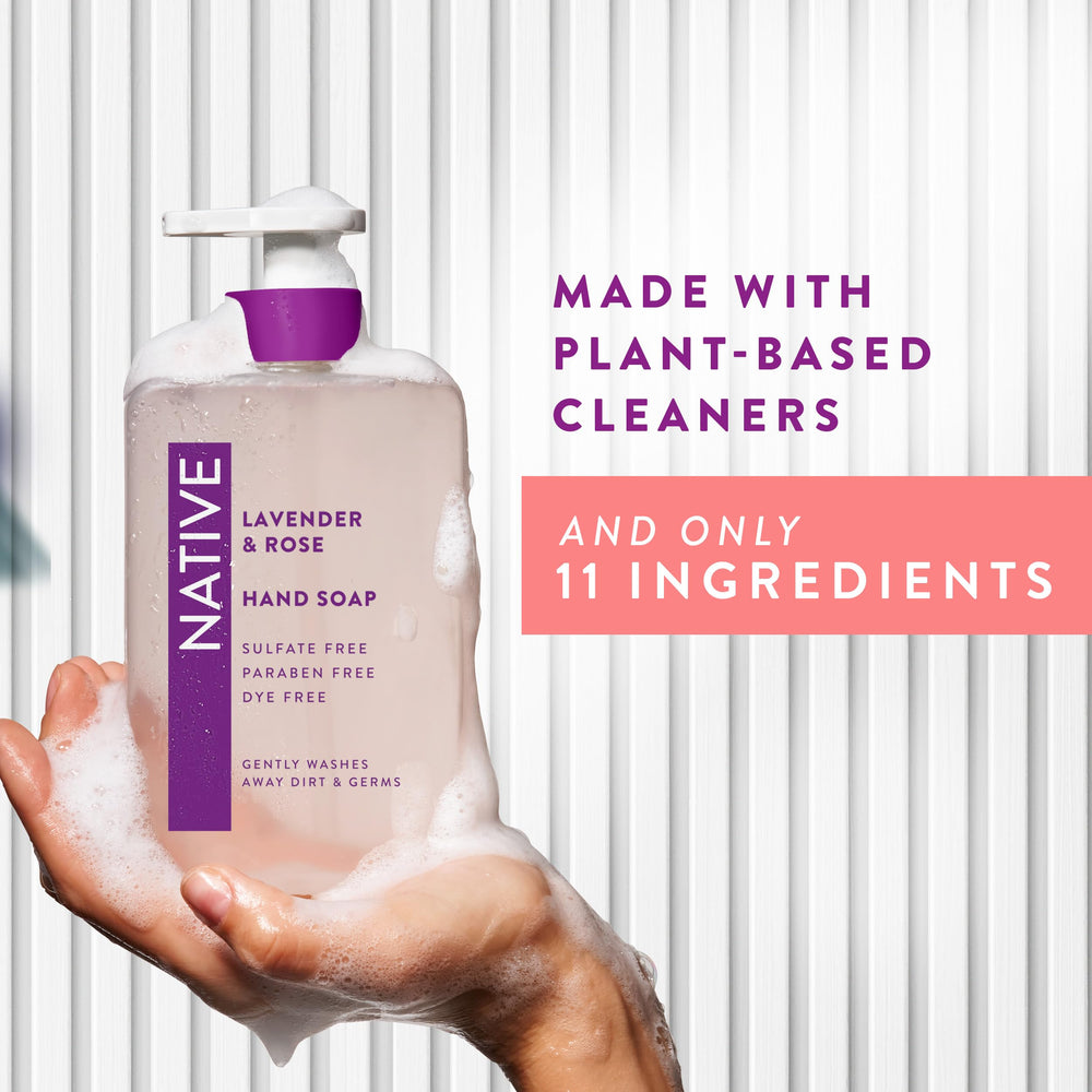 Native Lavender & Rose hand soap foam close-up highlights gentle lather.