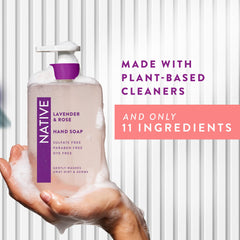 Native Lavender & Rose hand soap foam close-up highlights gentle lather.