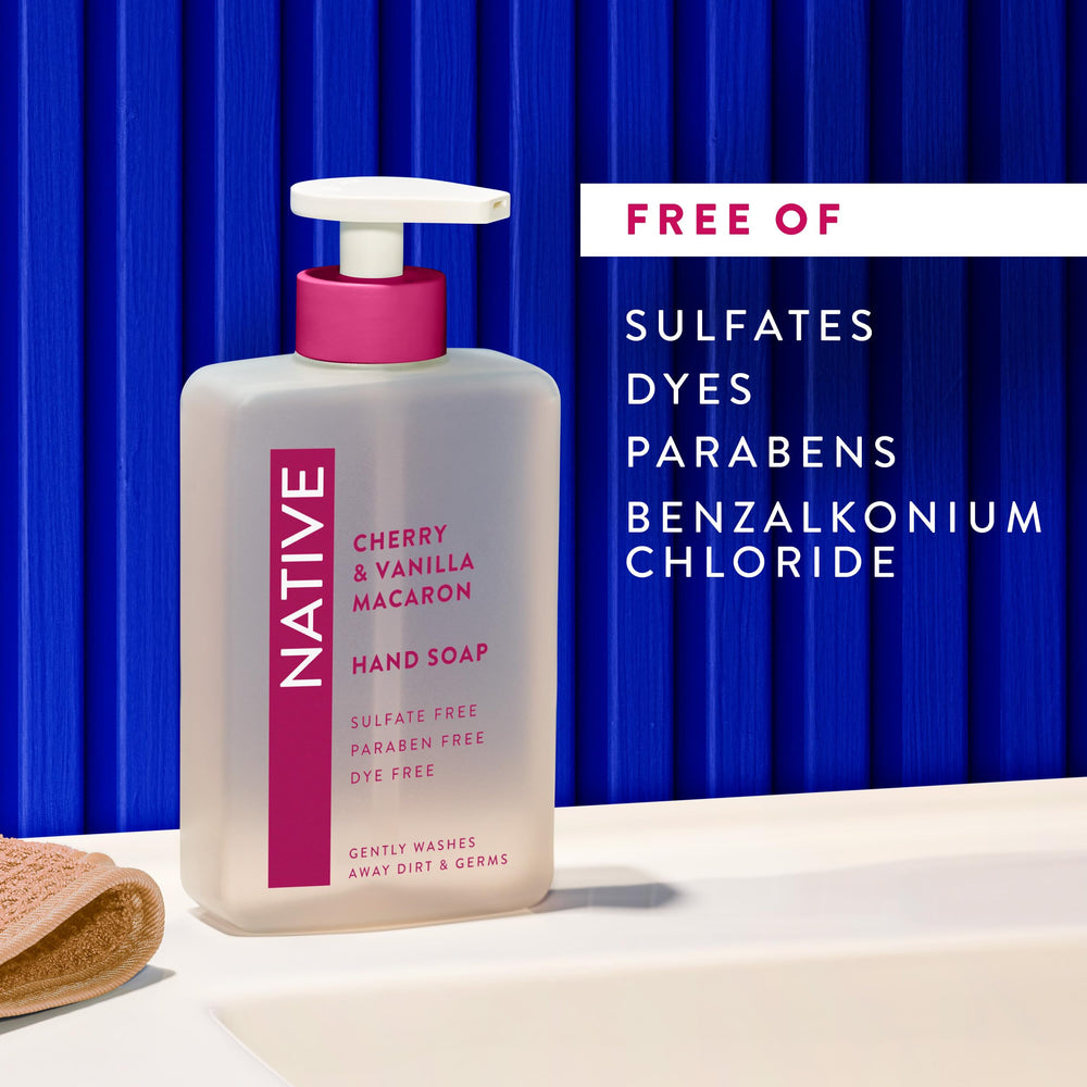 Sulfates and parabens-free badge on Native hand soap label communicates gentleness