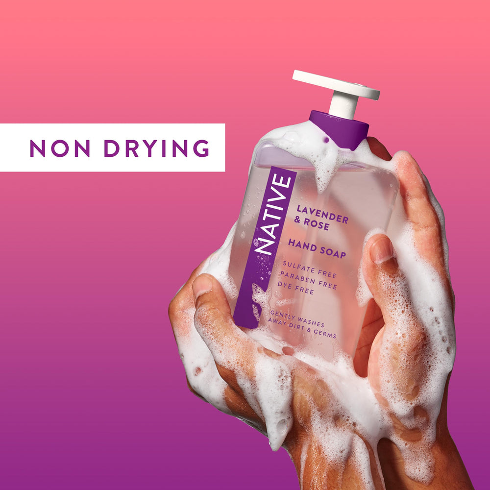 Native Lavender & Rose hand soap label shows plant-based ingredients and clean formula.