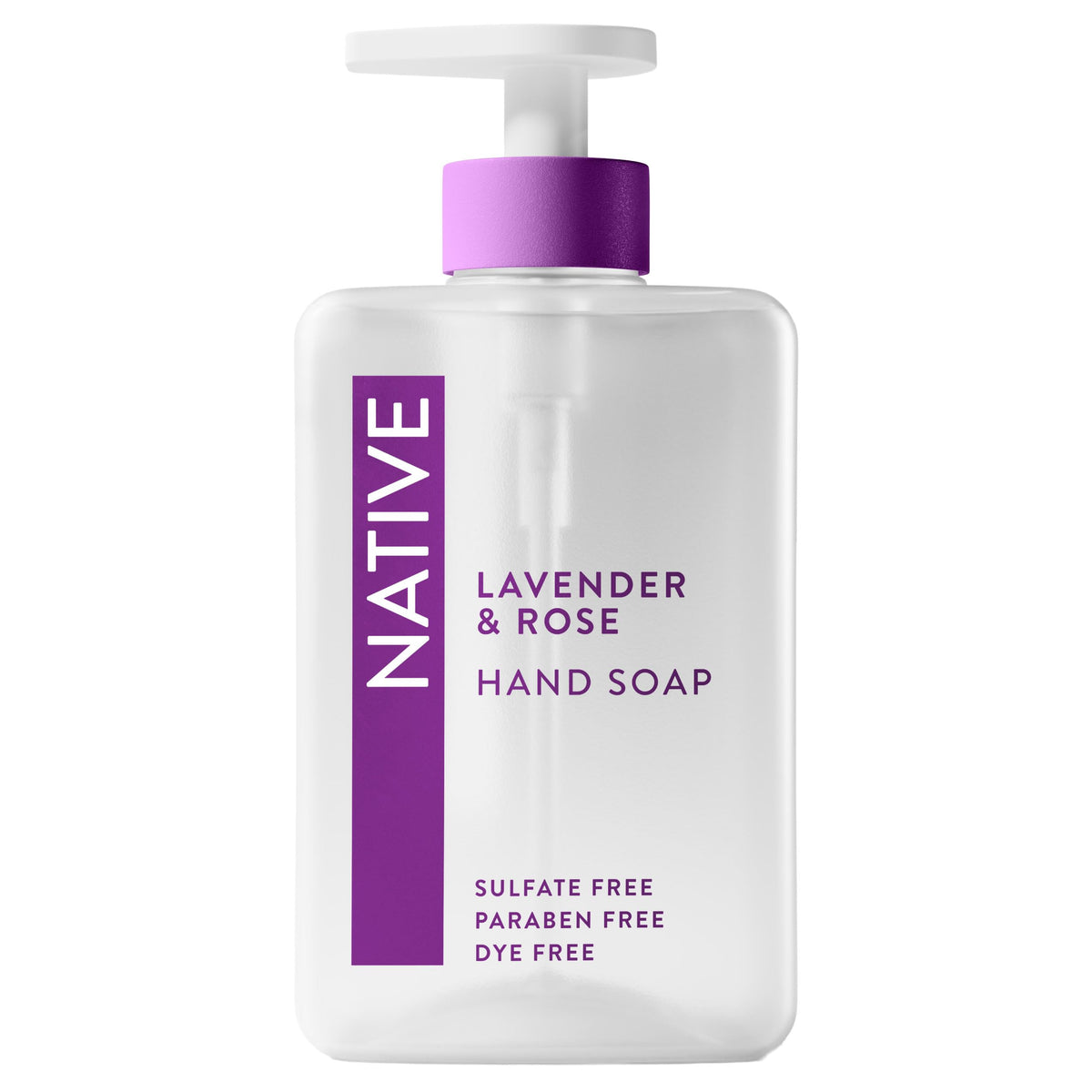 Native Lavender & Rose hand soap bottle on sink counter for a soothing clean.
