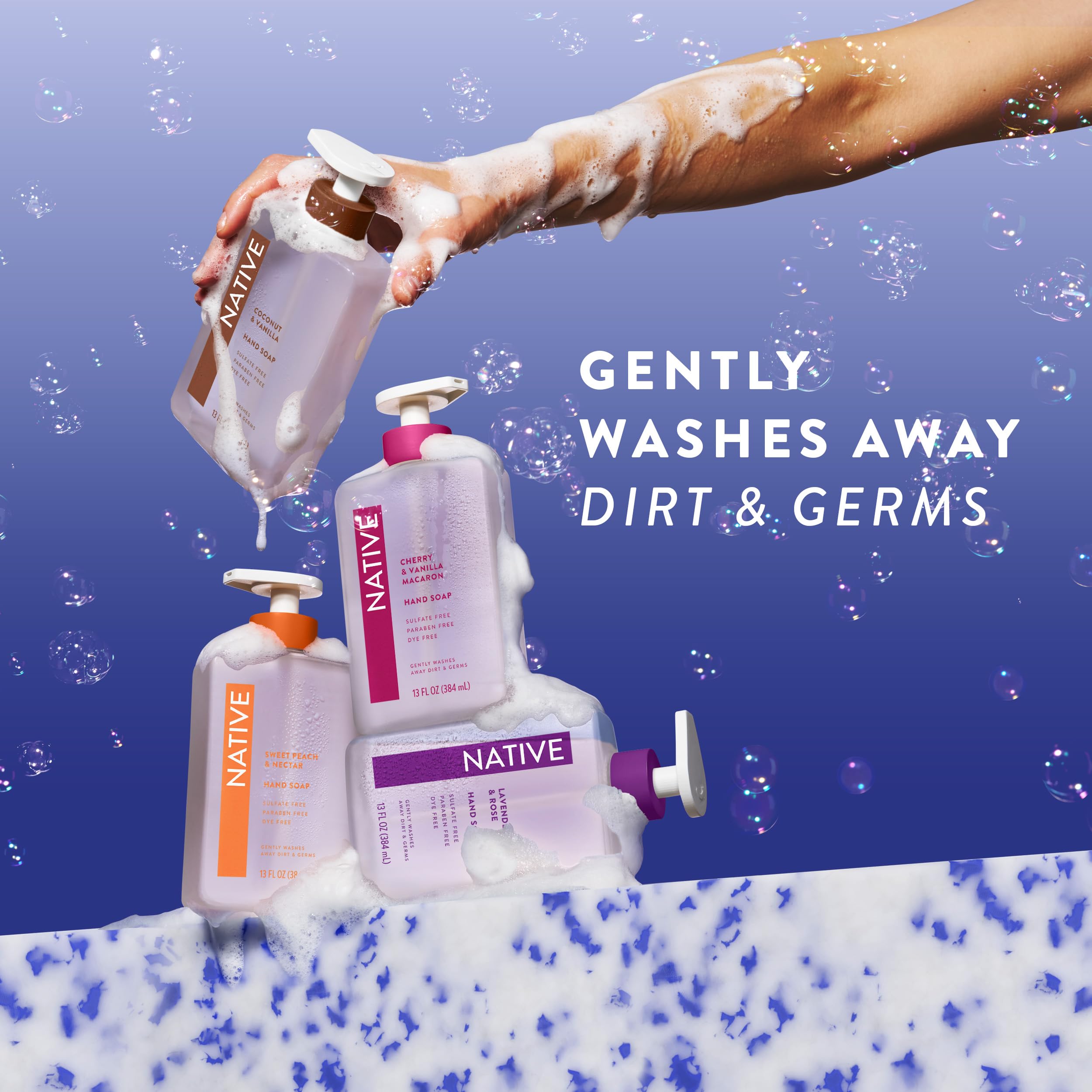 Native Lavender & Rose hand soap pump near sink promoting comfortable hand washing.