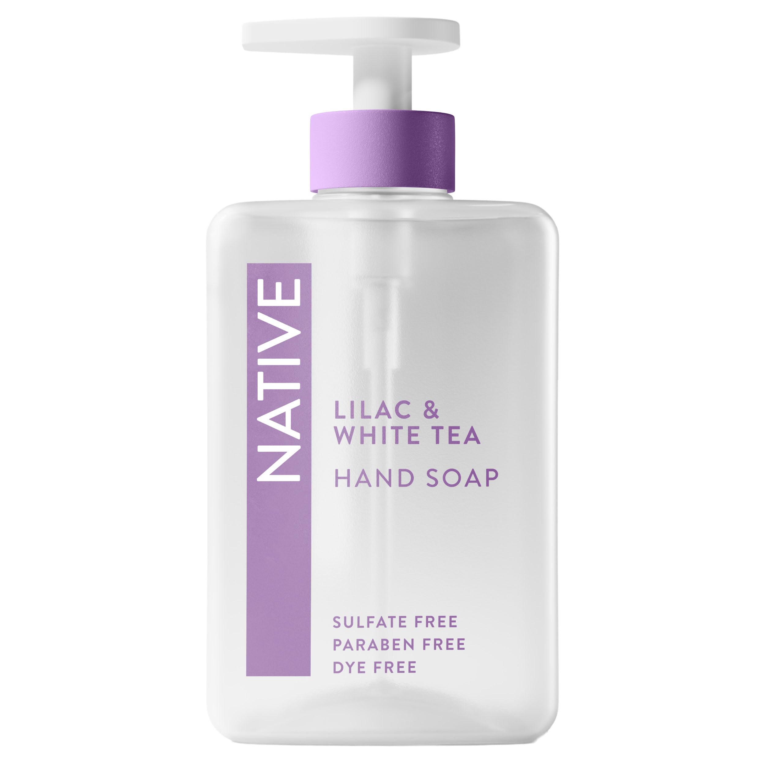Native Liquid Hand Soap Lilac White Tea bottle on sink for gentle cleansing