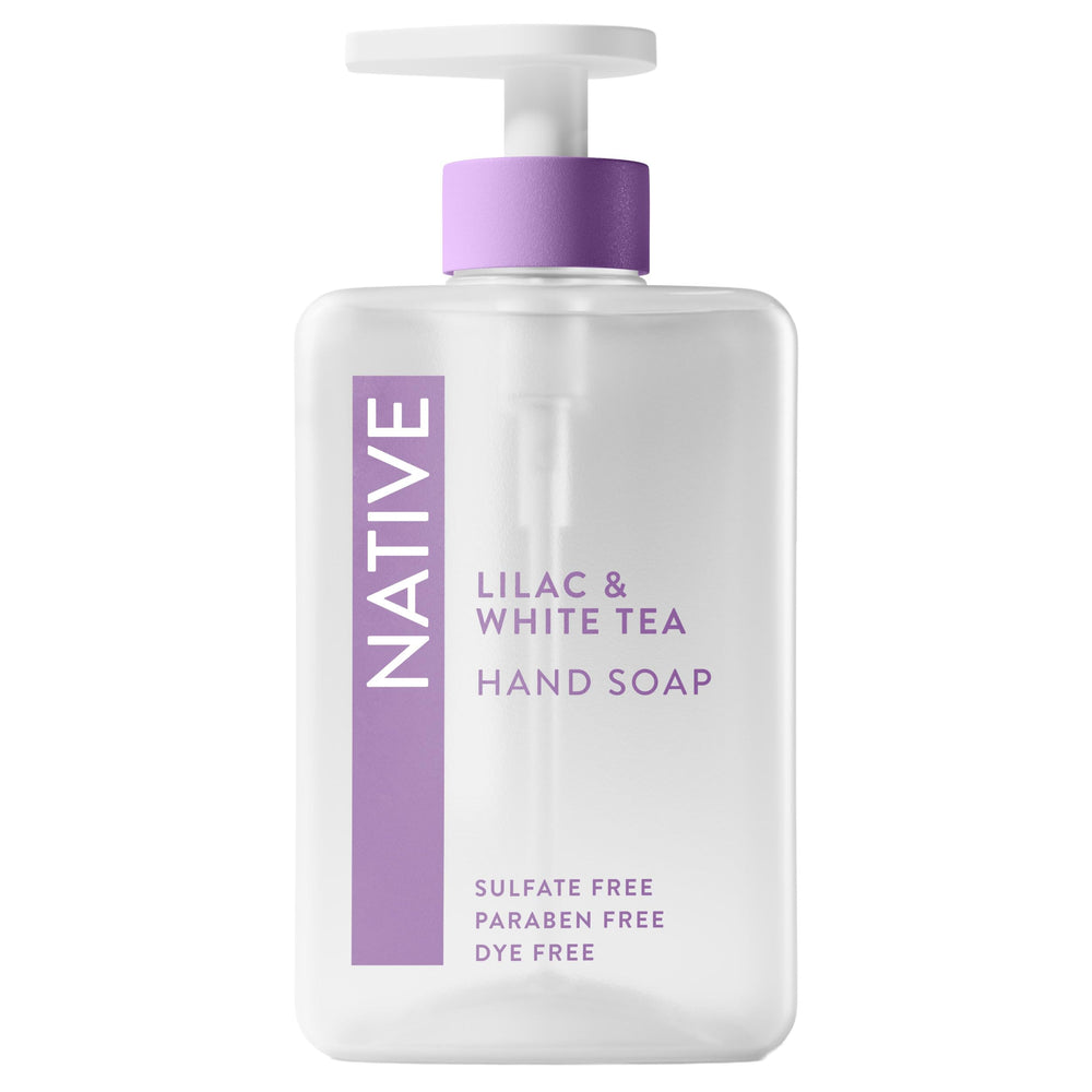 Native Liquid Hand Soap Lilac White Tea bottle on sink for gentle cleansing