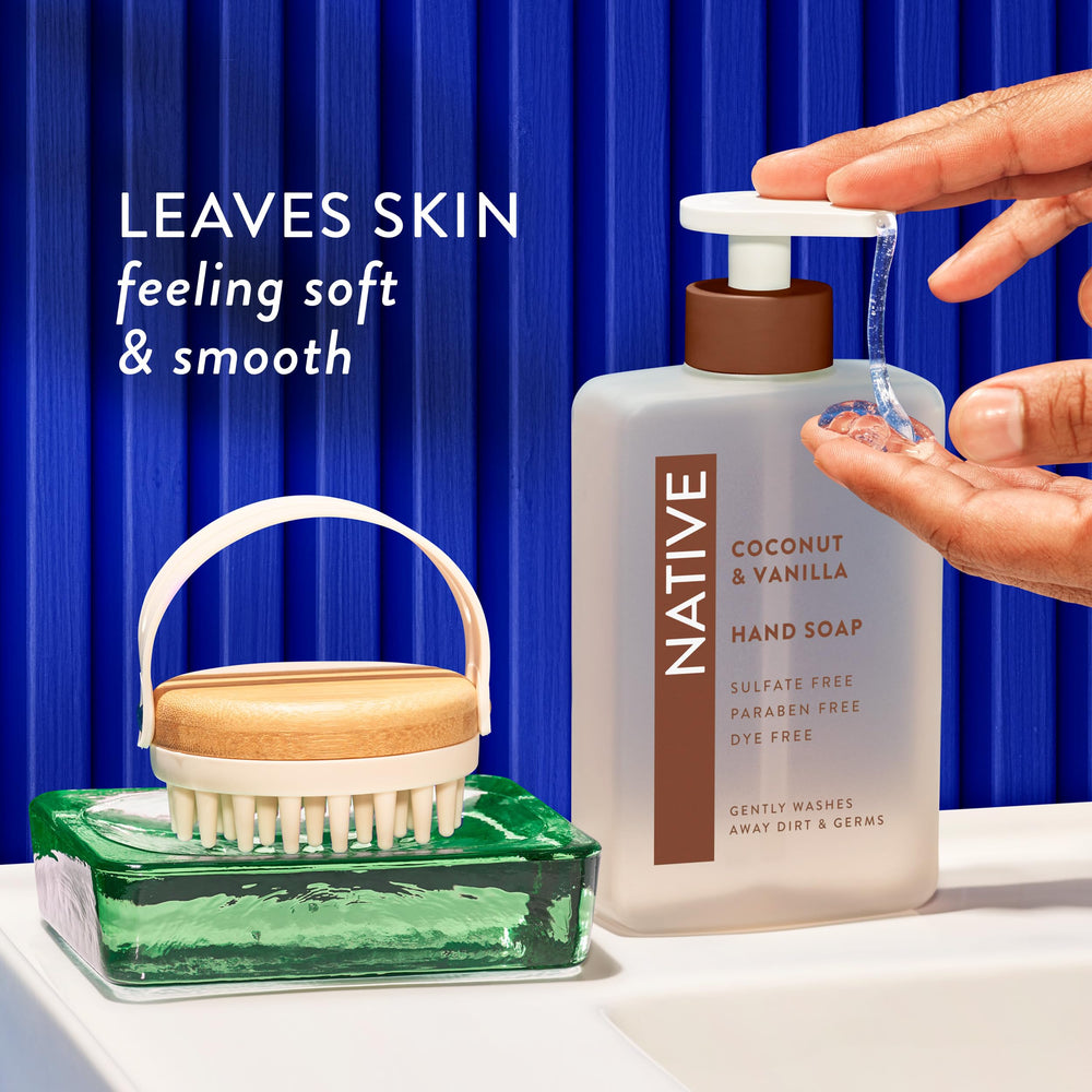Four scent options displayed on a Native hand soap shelf