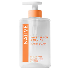 Native Liquid Hand Soap Sweet Peach Nectar bottle on sink for gentle cleansing.