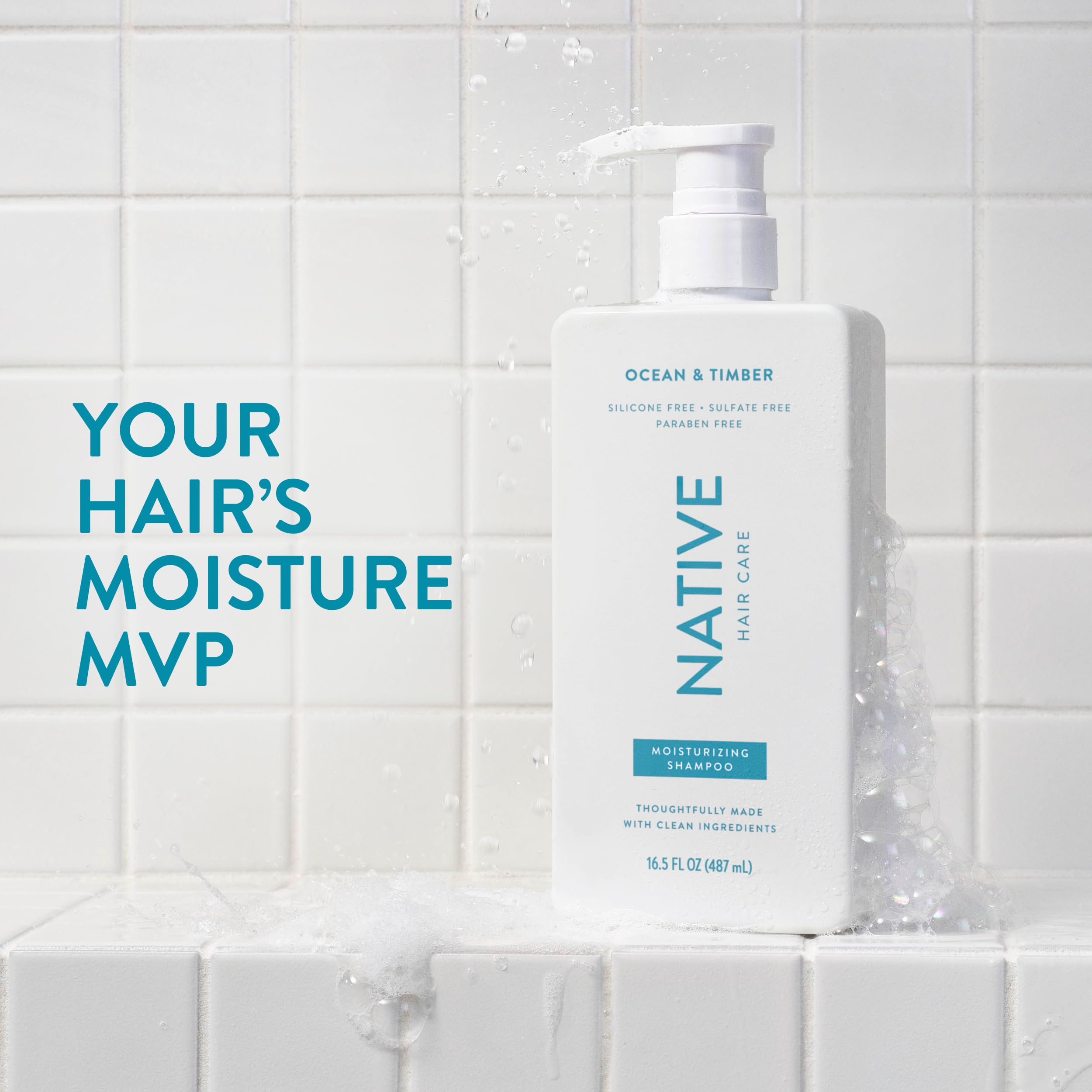 Native Ocean & Timber conditioner bottle highlights nourishing formula for detangling.