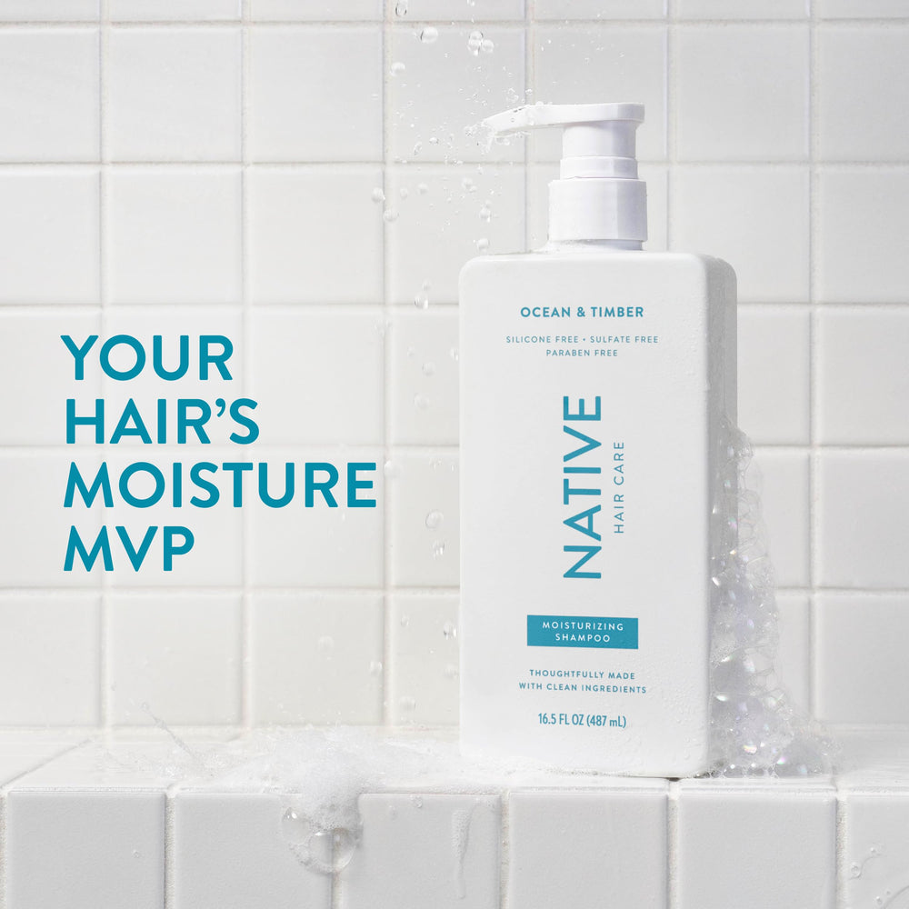 Native Ocean & Timber conditioner bottle highlights nourishing formula for detangling.