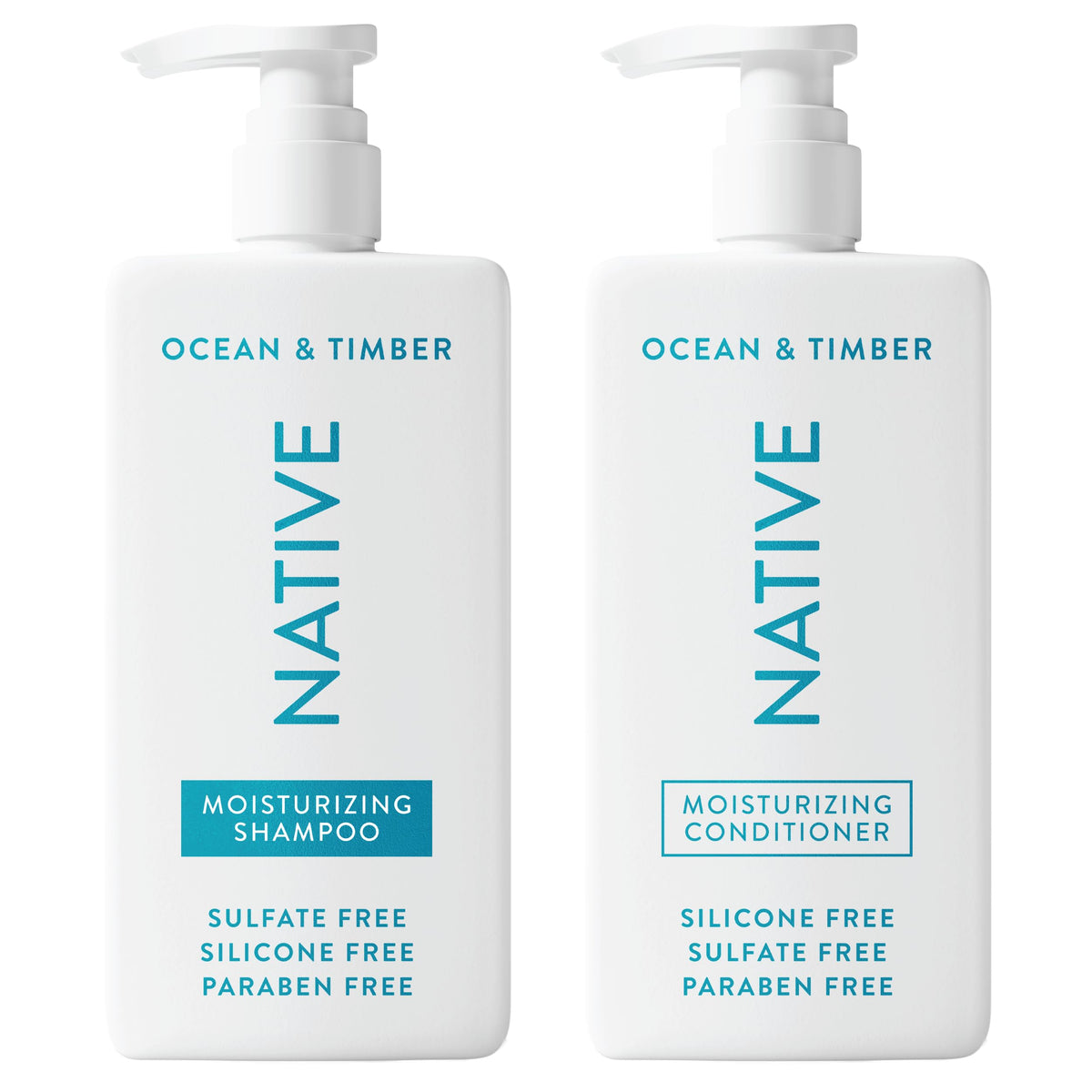 Native Ocean & Timber shampoo bottle shows sea breeze scent for gentle cleansing.