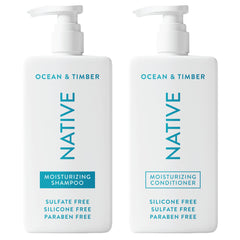 Native Ocean & Timber shampoo bottle shows sea breeze scent for gentle cleansing.