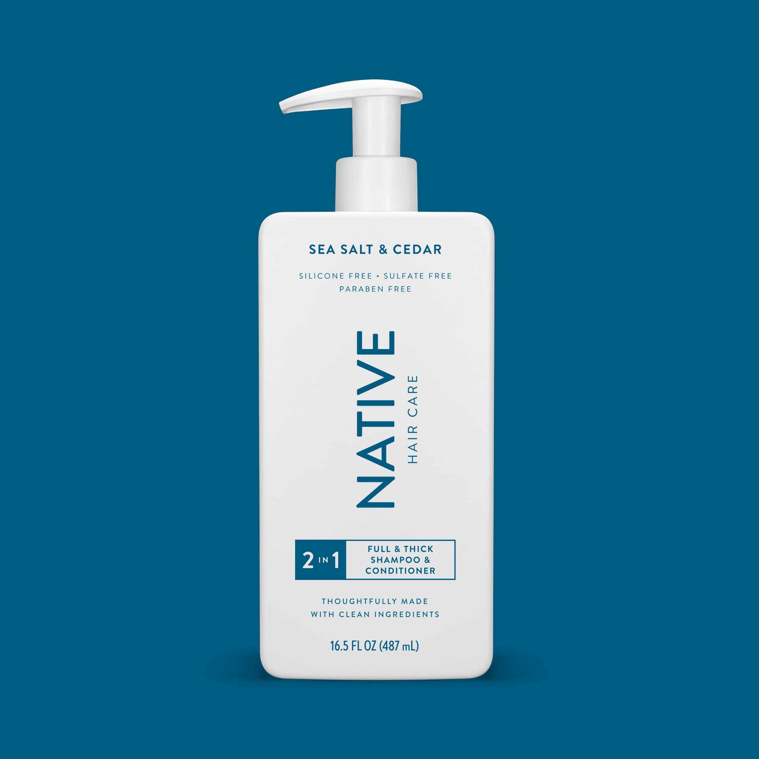 Native Sea Salt & Cedar 2-in-1 shampoo-conditioner set label close-up: clean ingredients.