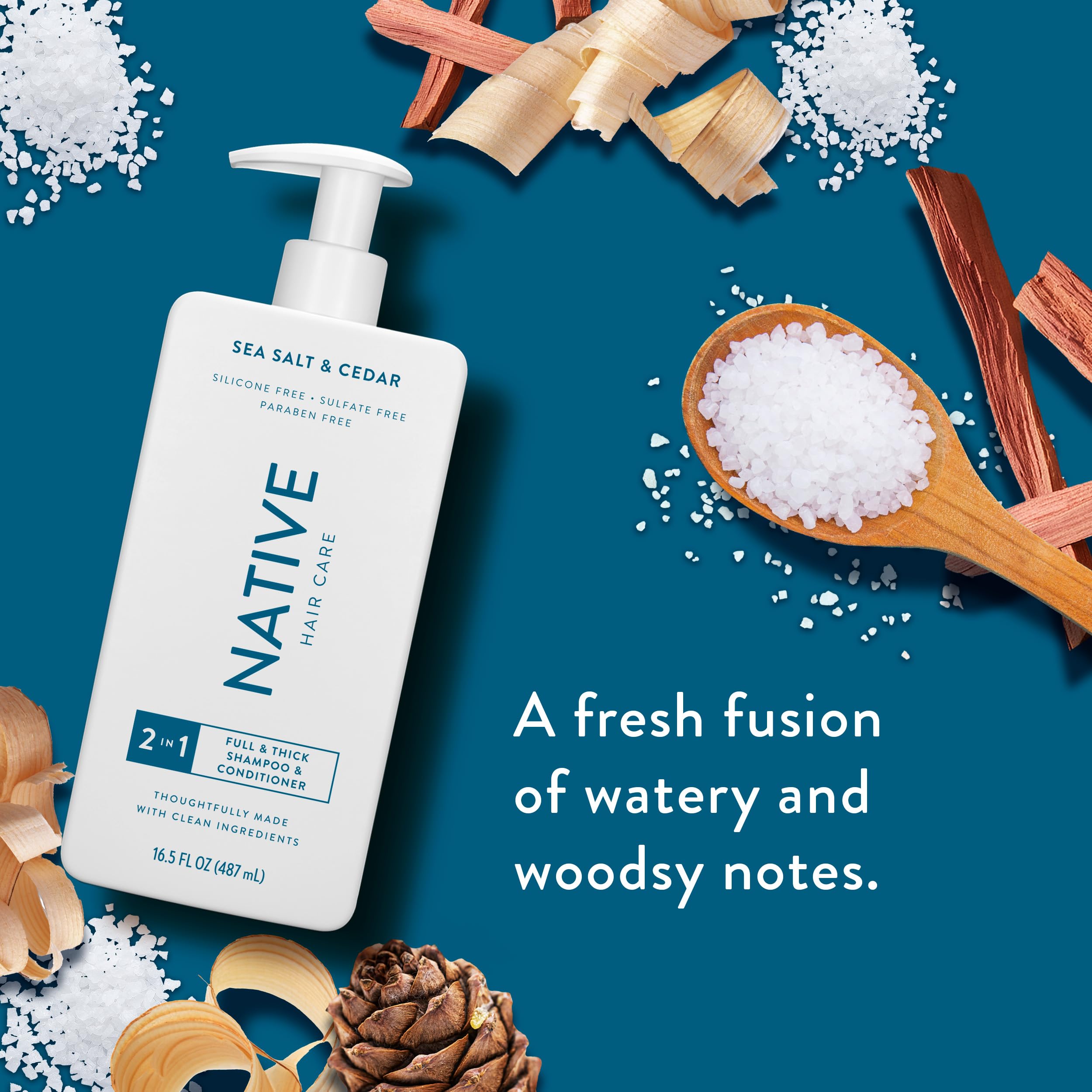Native Sea Salt & Cedar 2-in-1 set on bathroom shelf: convenient care for all hair types.