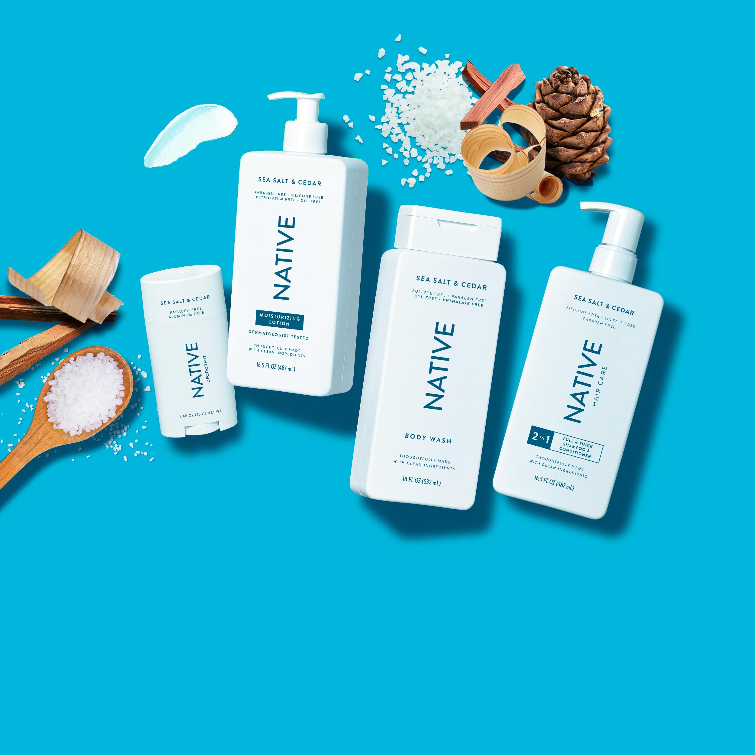 Native Sea Salt & Cedar wood background: invokes sea breeze and woodland freshness.