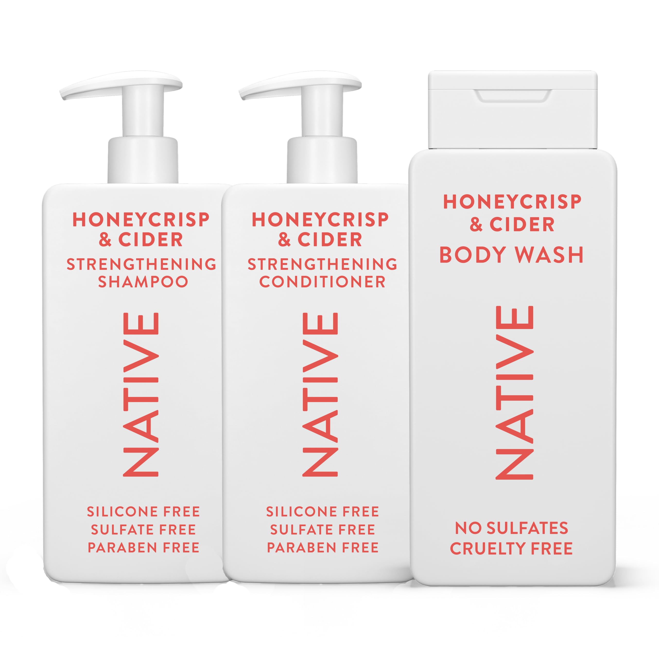 Native shampoo bottle pour shows Honey Crisp & Cider fragrance for a refreshing cleanse.