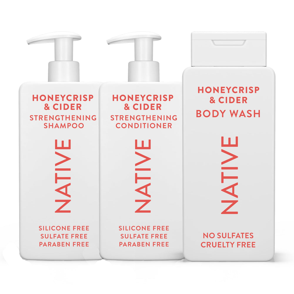 Native shampoo bottle pour shows Honey Crisp & Cider fragrance for a refreshing cleanse.