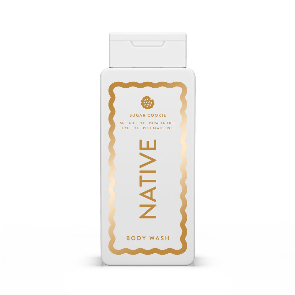 Native Sugar Cookie body wash bottle closeup showing fragrance and moisturizing properties.