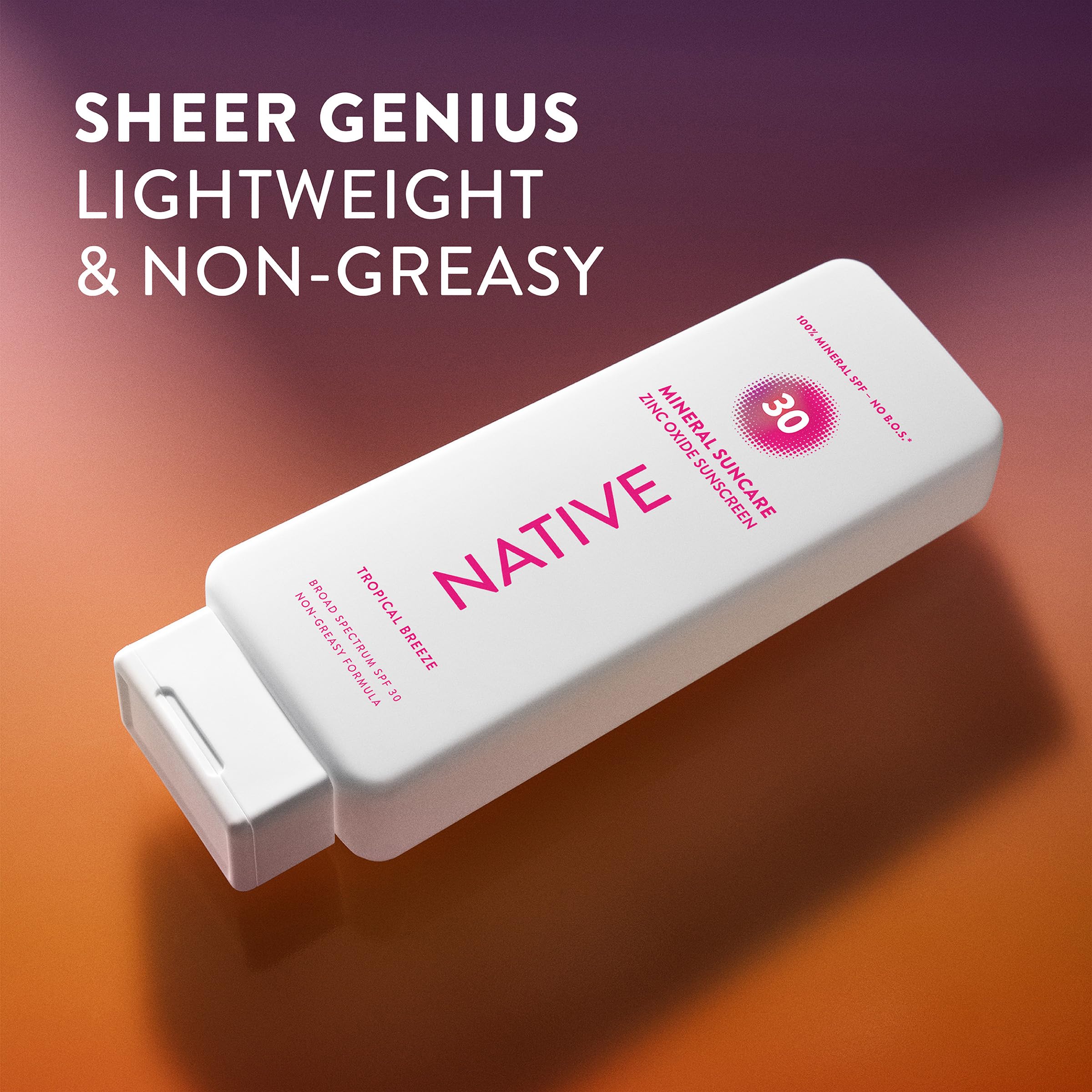 Packaging and clean ingredient messaging on Native Tropical Breeze sunscreen.