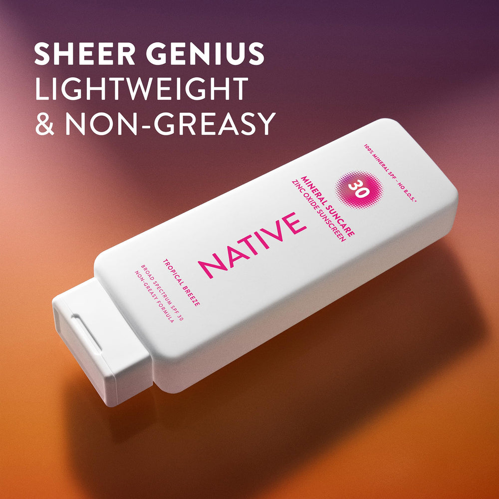 Packaging and clean ingredient messaging on Native Tropical Breeze sunscreen.
