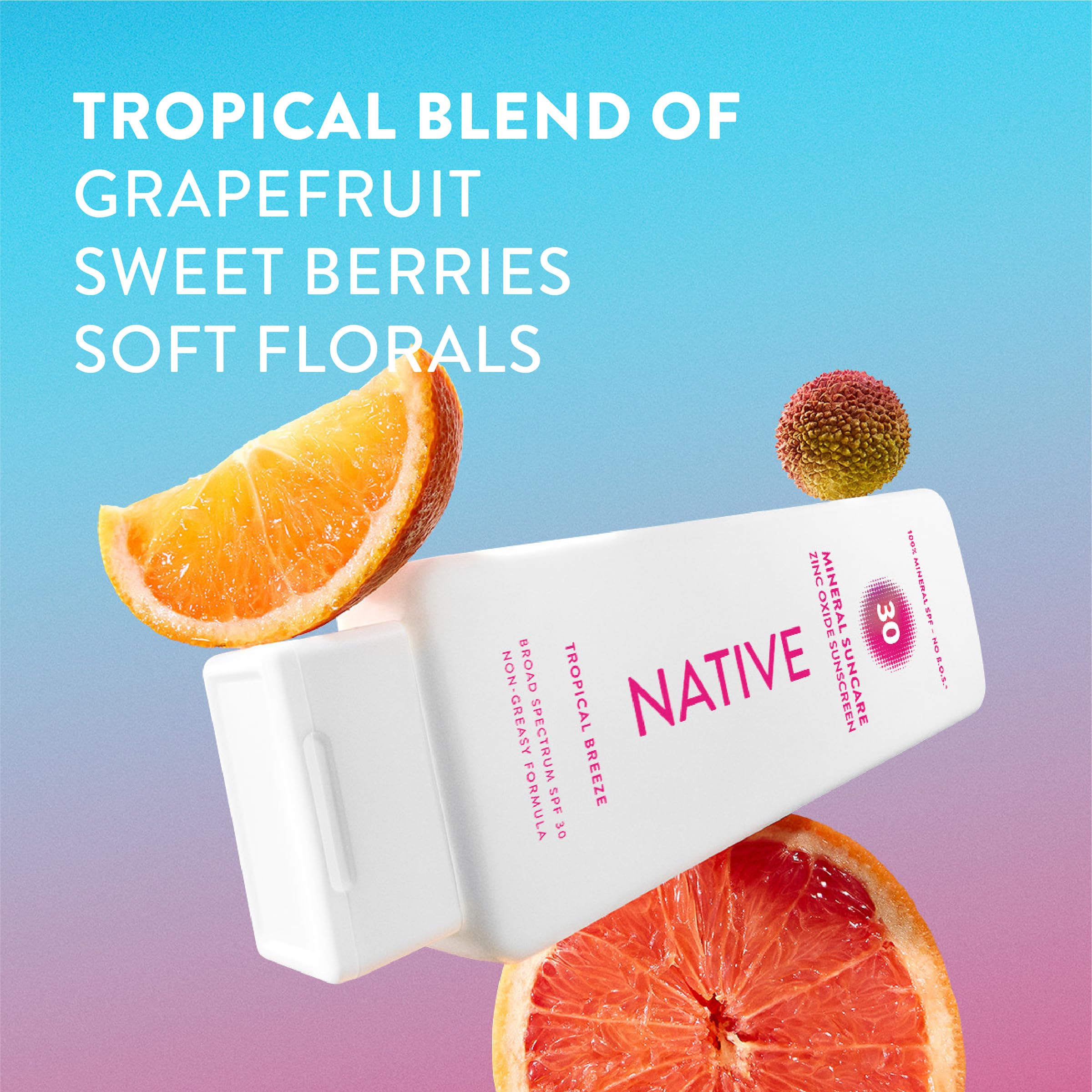 SPF 30 label on Native sunscreen bottle for broad spectrum protection.