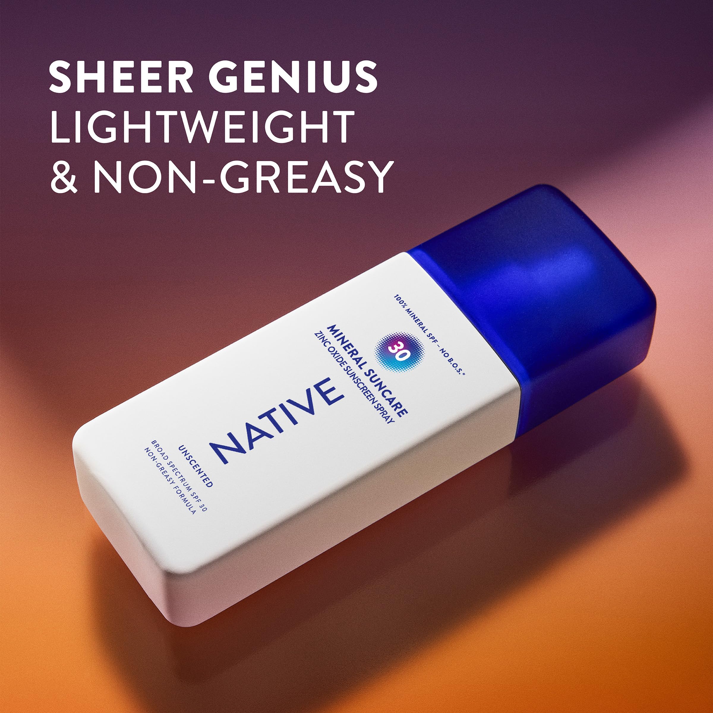 Native Sunscreen pump-spray application on forearm shows sheer, non-greasy finish.