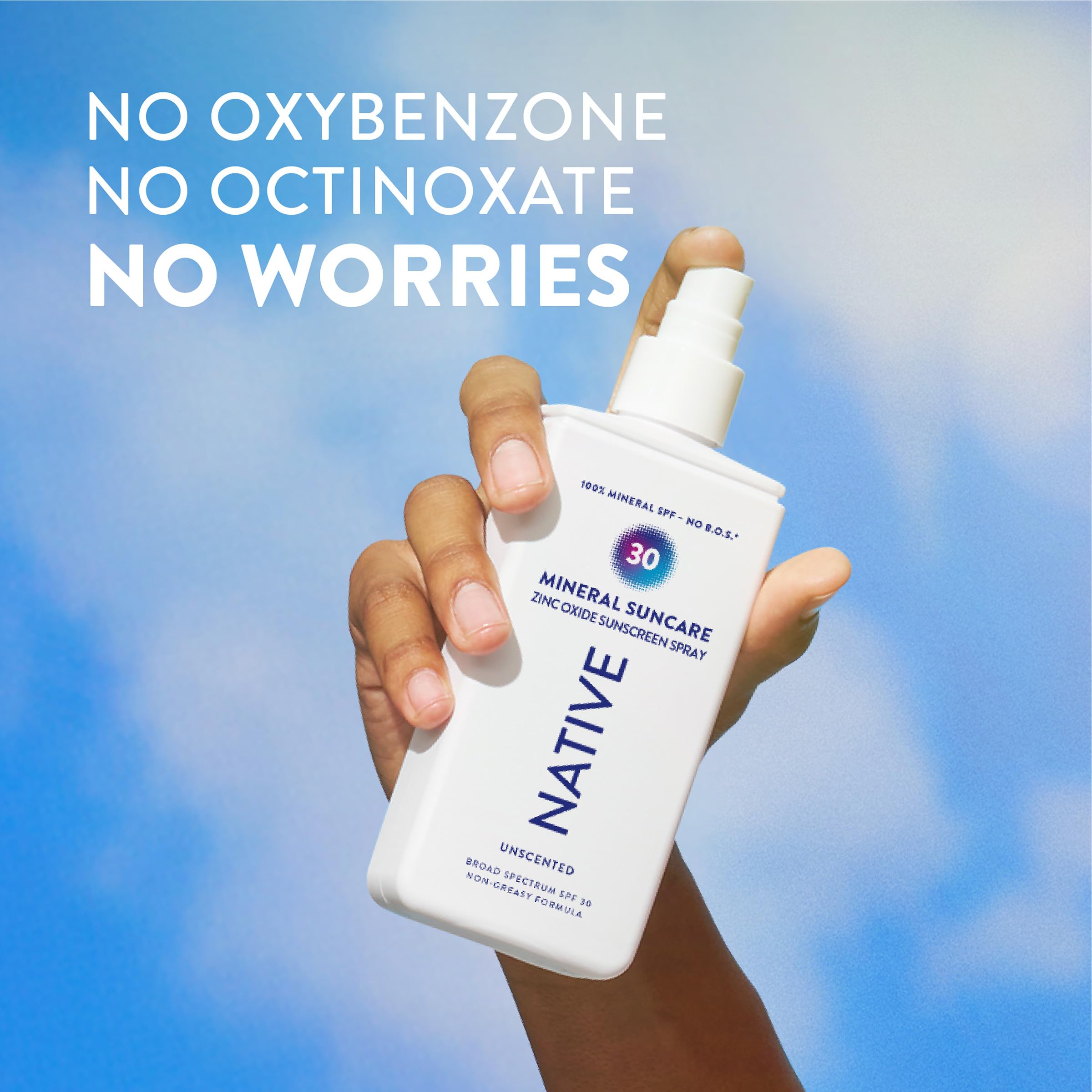 Native Sunscreen pump spray action demonstrates easy, controlled application.
