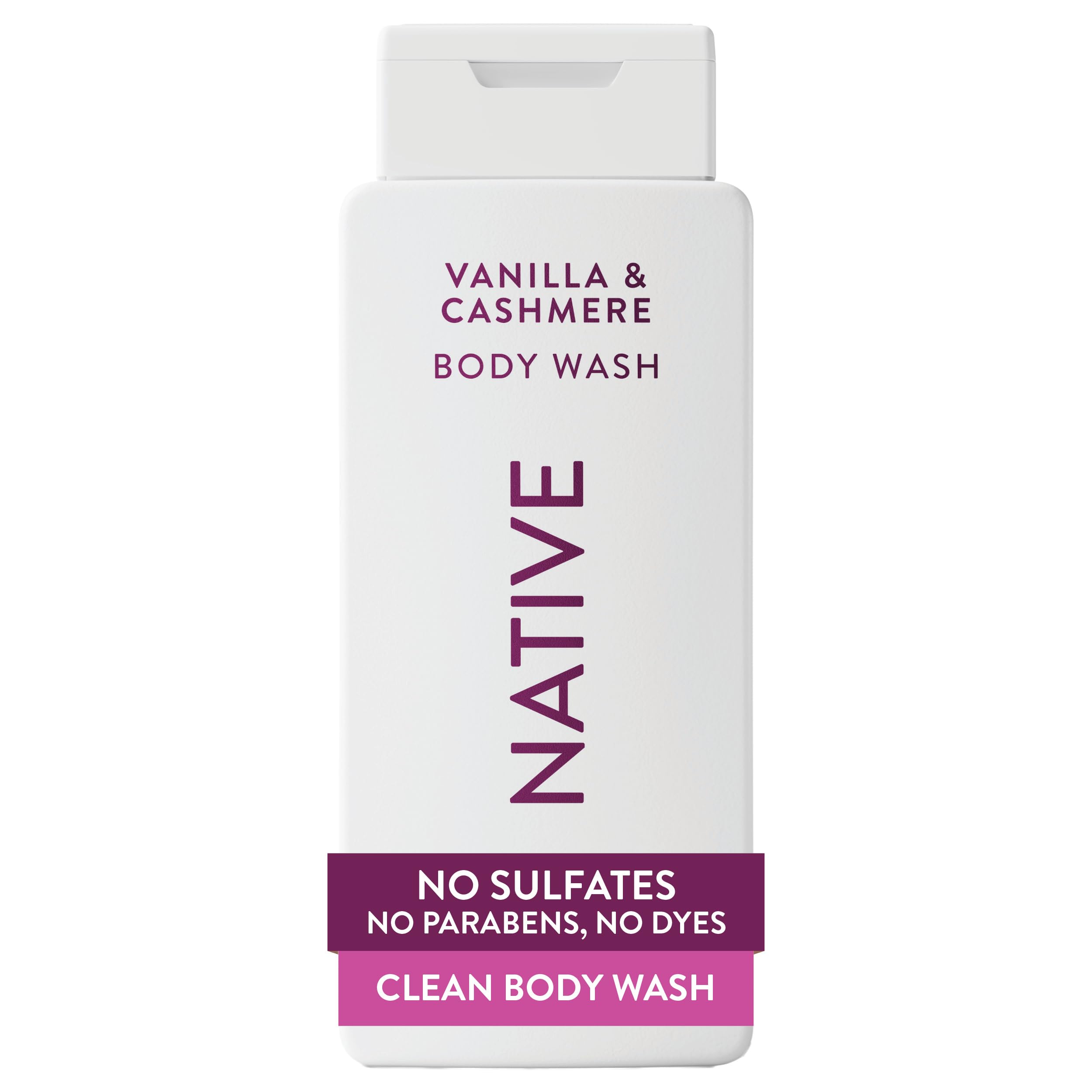 Native Vanilla & Cashmere Body Wash: botella vertiendo crema suave para ducha