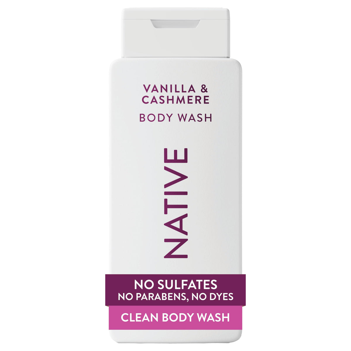 Native Vanilla & Cashmere Body Wash: botella vertiendo crema suave para ducha