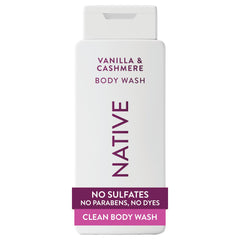 Native Vanilla & Cashmere Body Wash: botella vertiendo crema suave para ducha