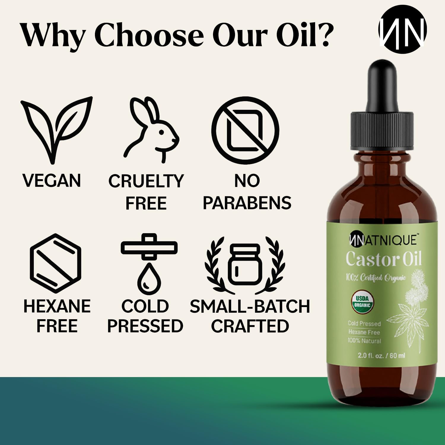 Natnique Castor Oil organic label on glass bottle communicates purity