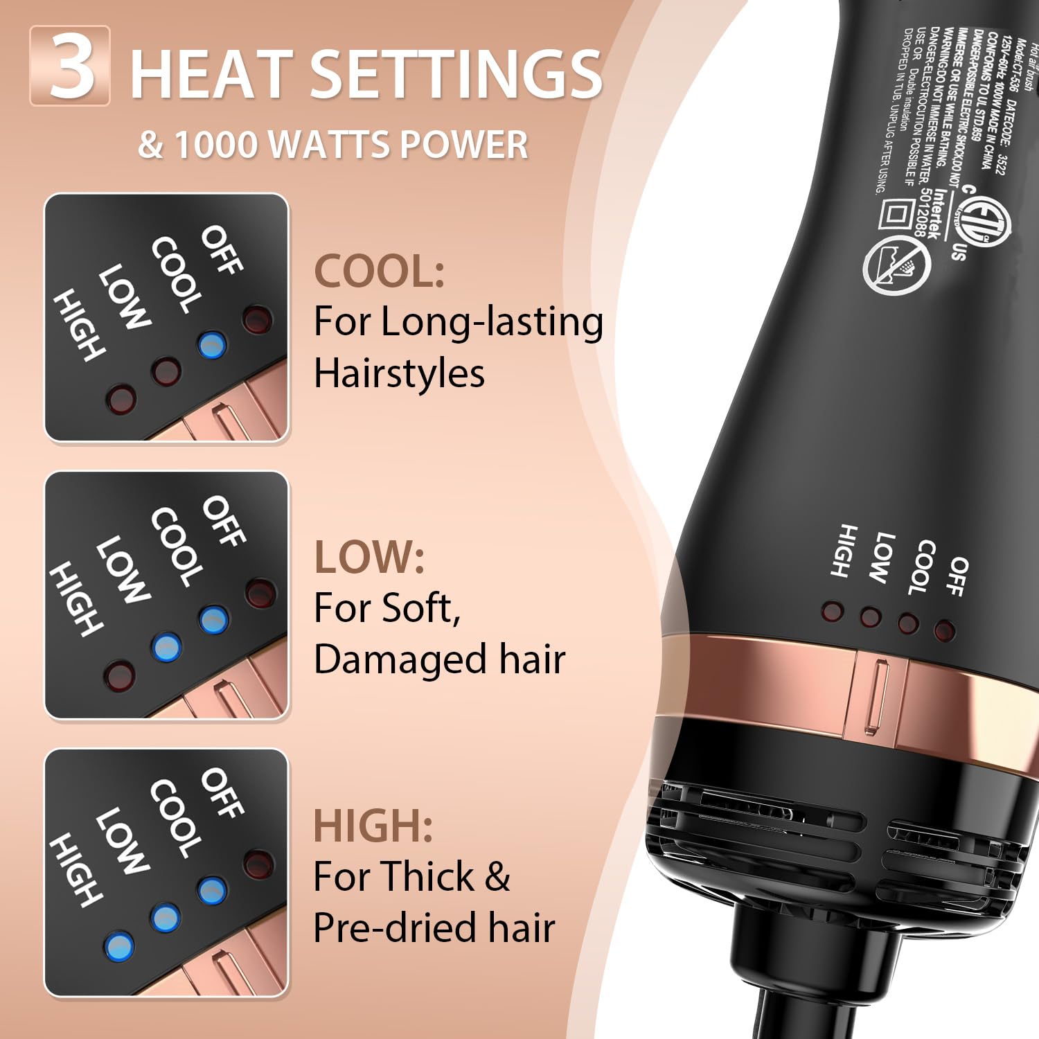 Natrial Hair Dryer Brush includes ETL safety features and ALCI plug for safe use.
