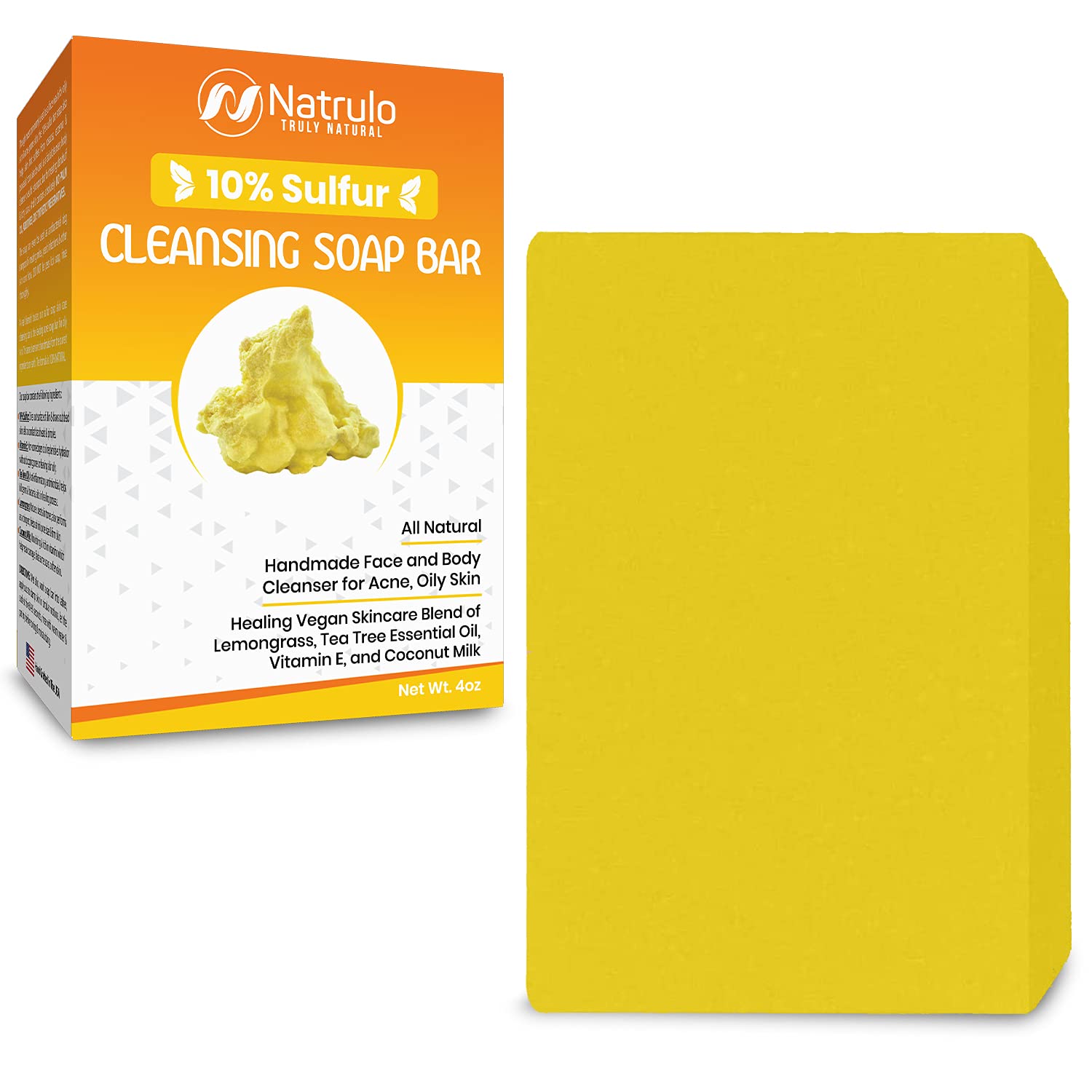 Natrulo 10% sulfur soap bar closeup for acne-prone skin cleansing
