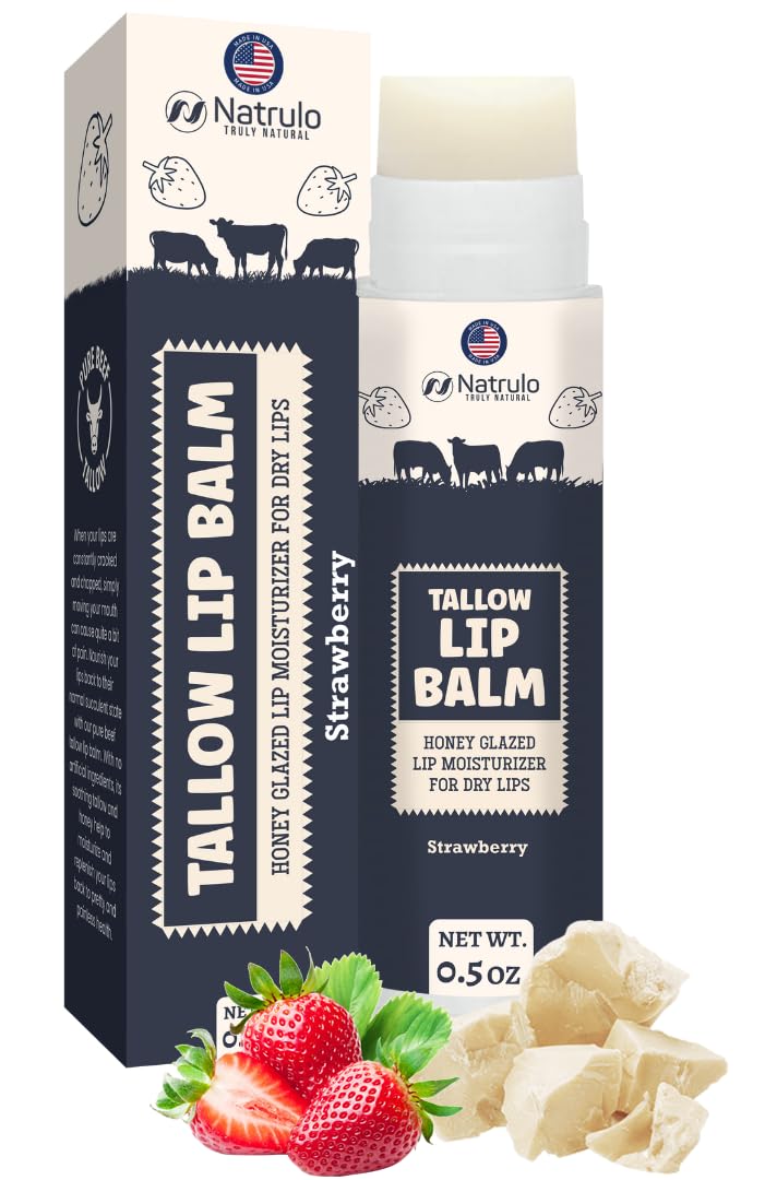 Bálsamo labial Natrulo con grasa de res y fresa para hidratación.