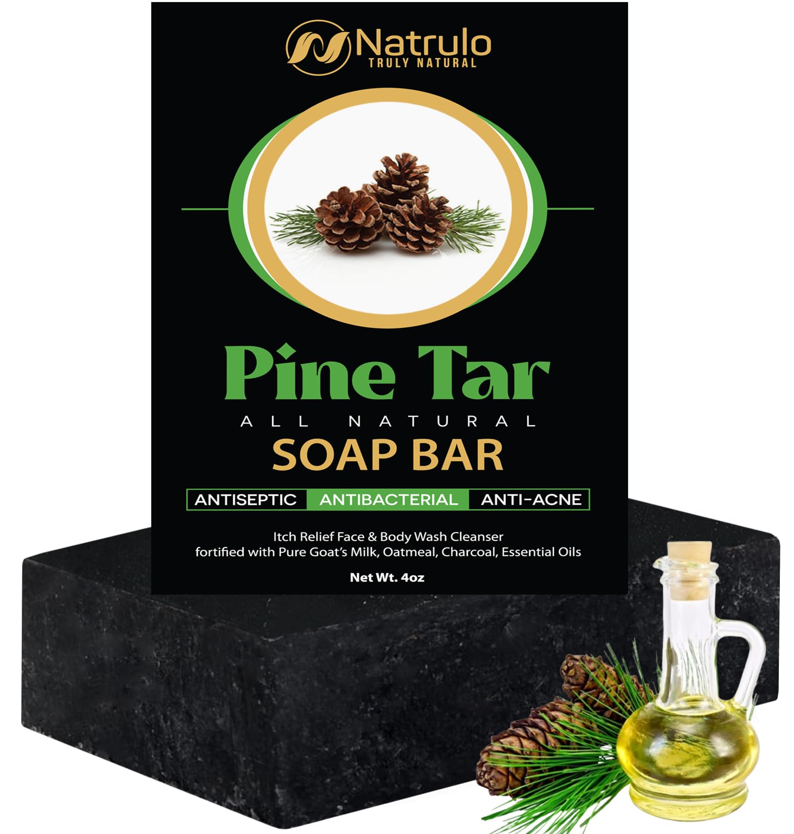 Jabón Natrulo de alquitrán de pino, barra de 4 oz para piel sensible.