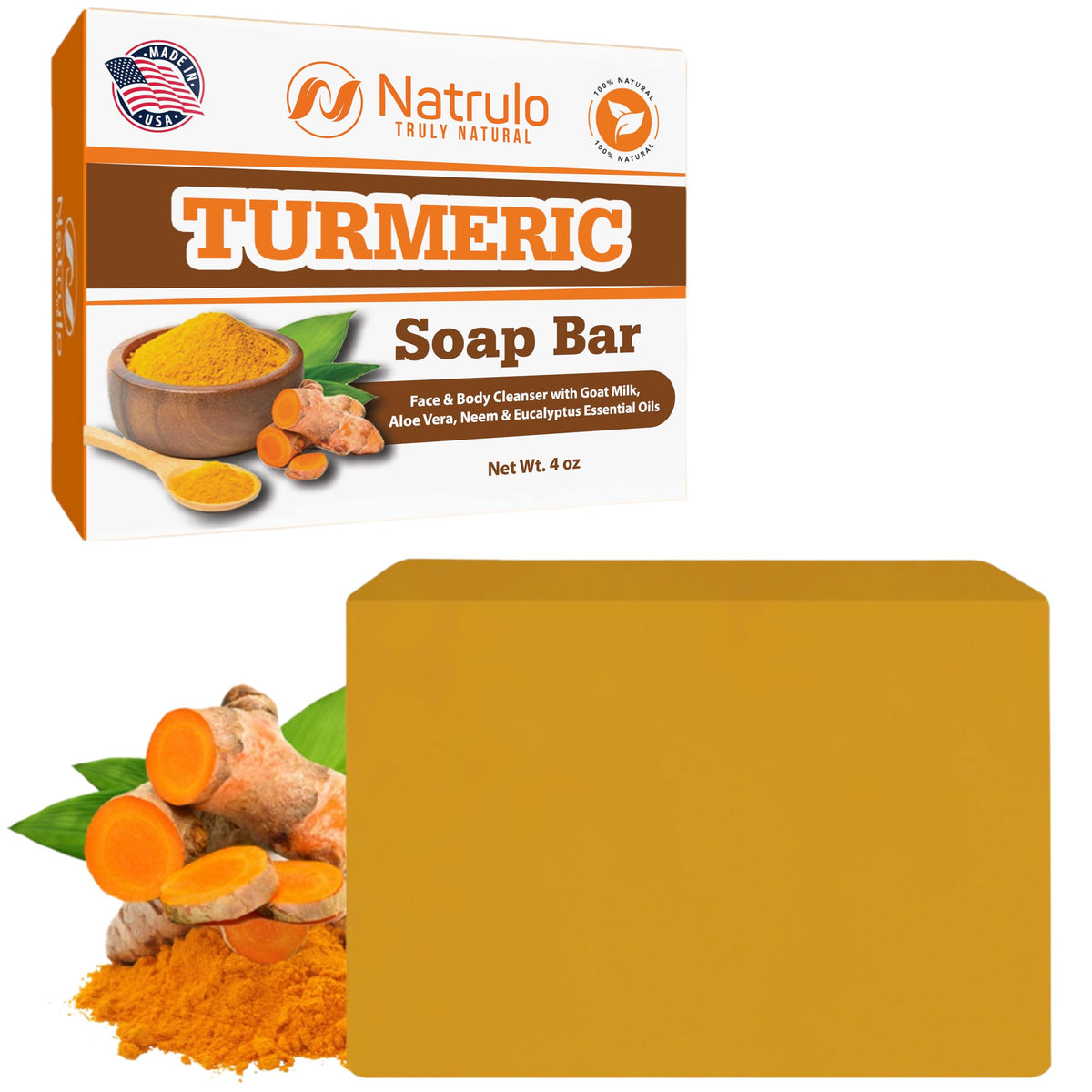 Natrulo jabon-curcuma cara-cuerpo, limpieza suave y tono uniforme.