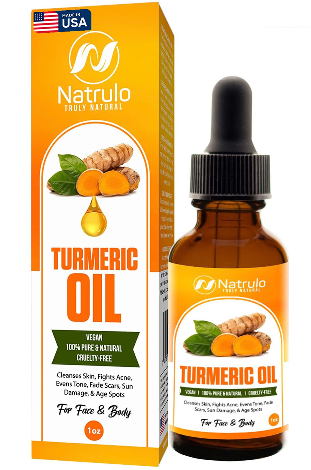 Natrulo Turmeric Repair Face Oil bottle pour suggests radiant, even-toned skin potential