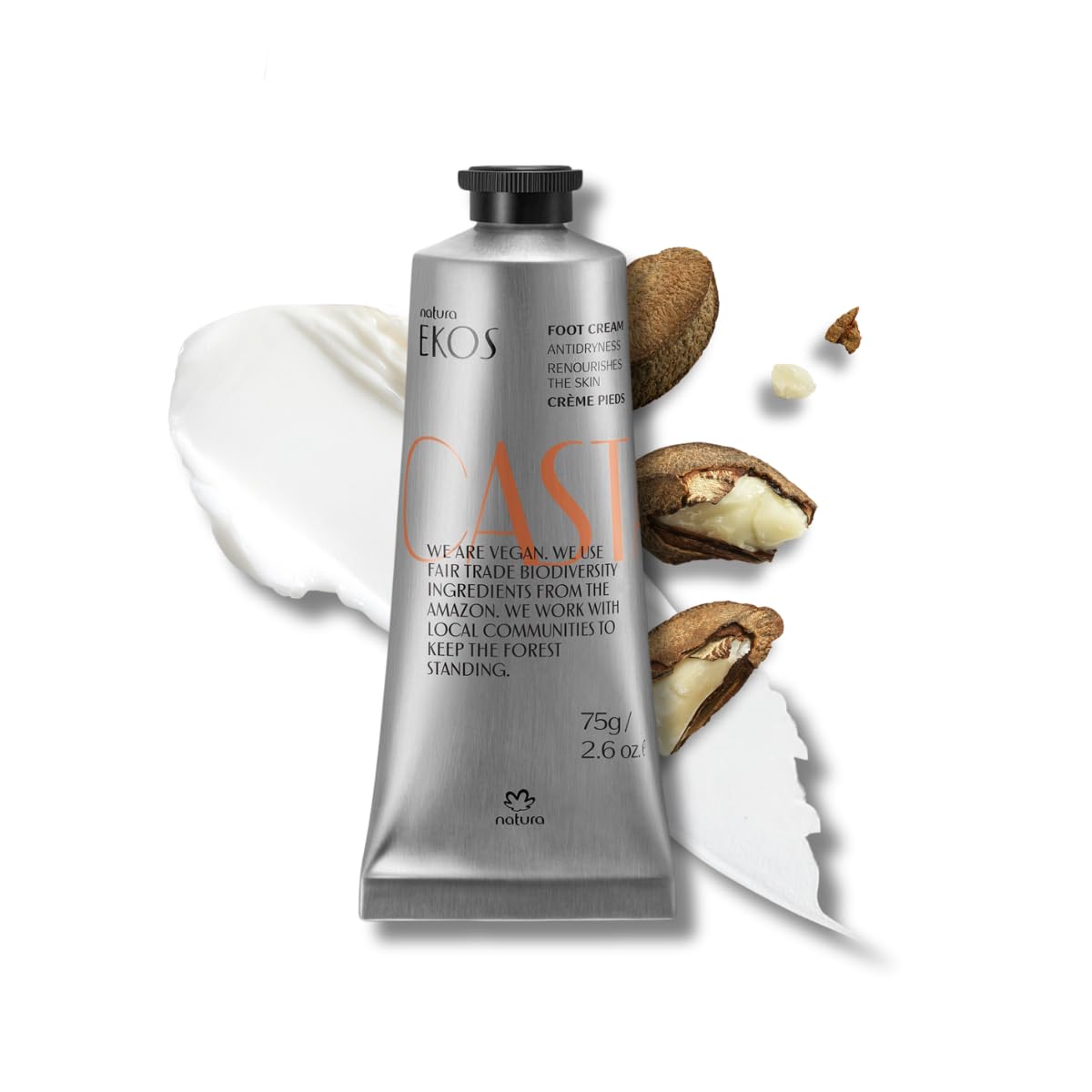 Natura Ekos crema para pies con aceite de castanha, envase listo para nutrición diaria.