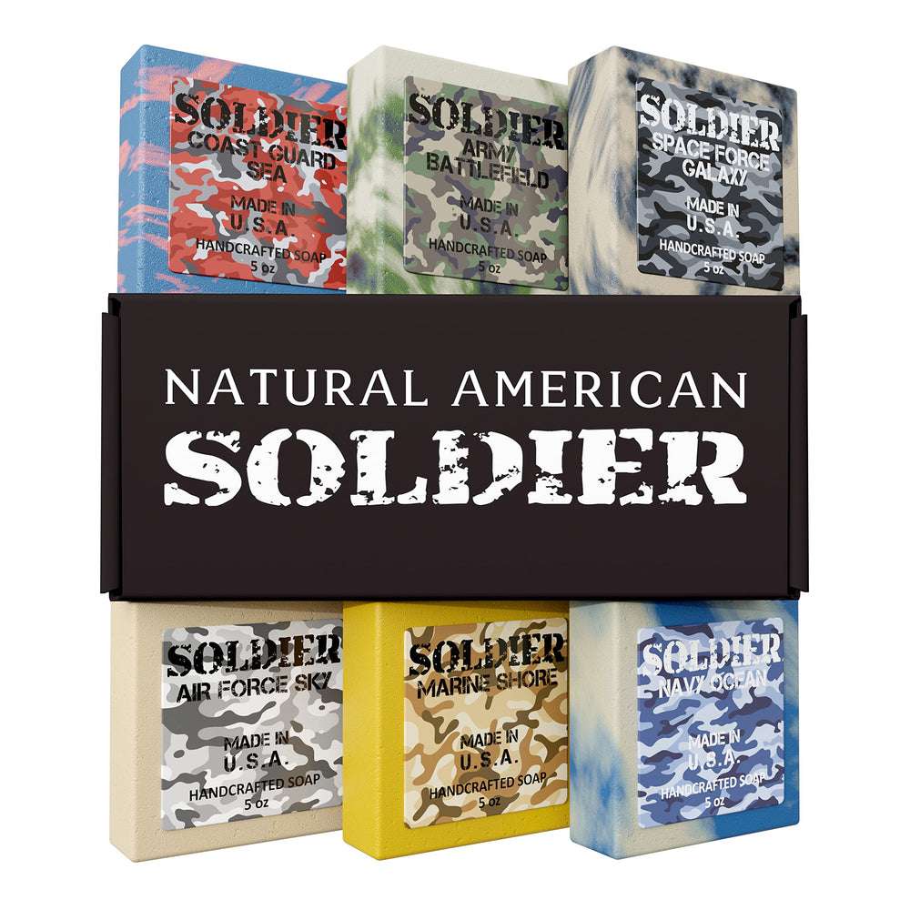 Natural American Soldier packaging box highlights premium ingredients for clean, nourished skin.