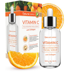 Natural Chemist Serum Vitamina C con Colágeno en botella, iluminación suave para la piel.